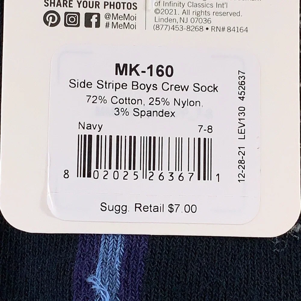 MeMoi Boys Shoe Size 9-1 Navy Side Stripe Cotton Blend Crew Socks 1 Pair NWT